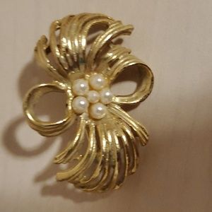 Six Small Faux Pearls in a Gold-Toned Swirl Brooch